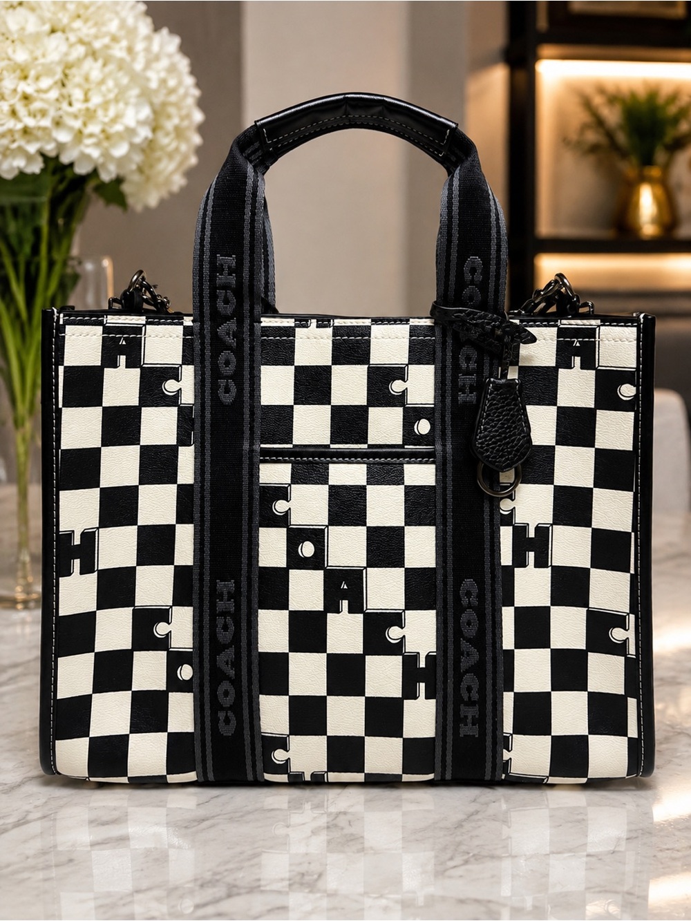Coach Black & White Checker Tote with Pink Cherry Charm NWOT retail $528.00 - Picture 2 of 9